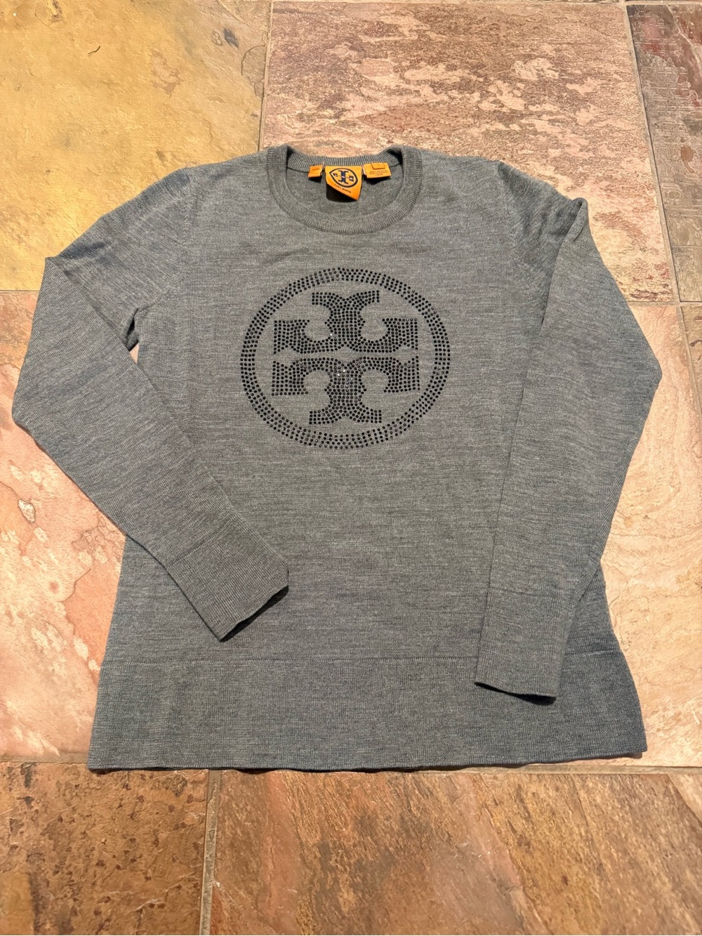 Tory Burch Men's Heather Gray Crewneck with Perforated Logo